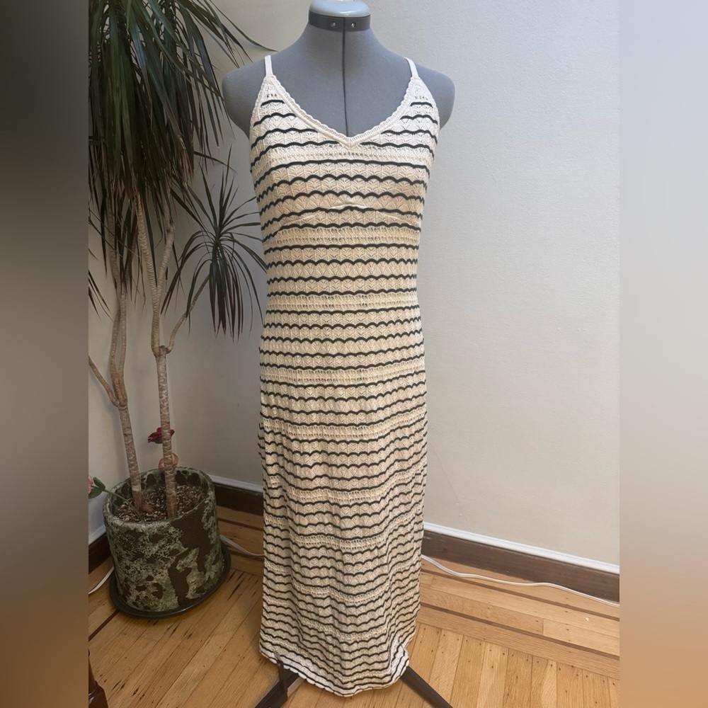 Hollister Crochet Knit Striped Maxi Dress Cream & Navy Blue